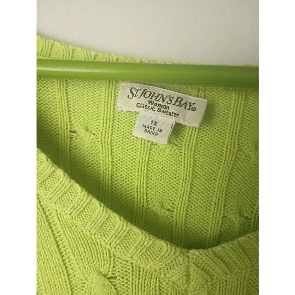 Vtg Green Cable‎ Knit Tennis Sweater Women's St John's Bay V Neck Pull over 1X